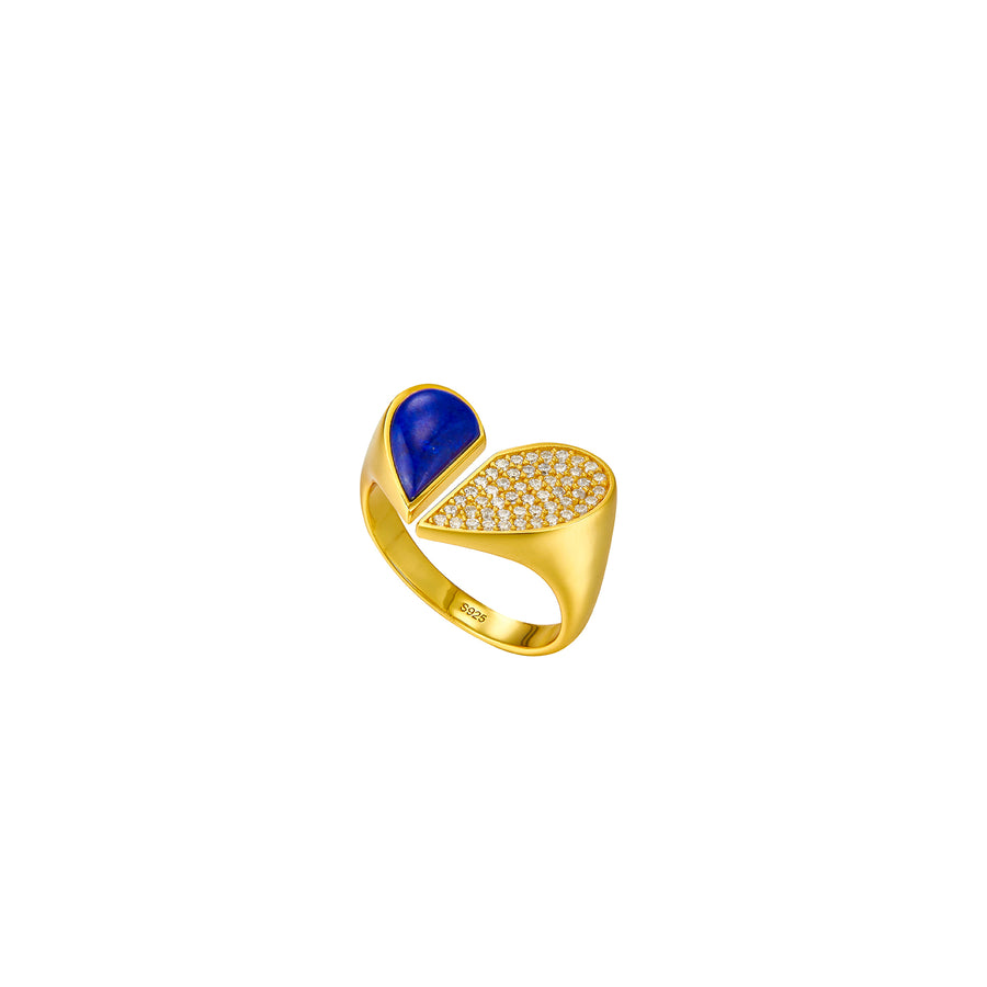 FLORENCE S925 Herz Goldring mit Öffnung, Zirkonia & Blau Lapislazuli