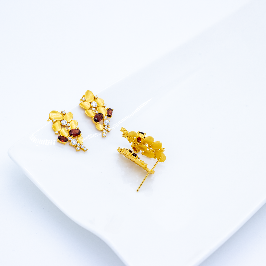 SUE Gold Ohrstecker Blumen mit farbigen Steinen, Topas & Granat