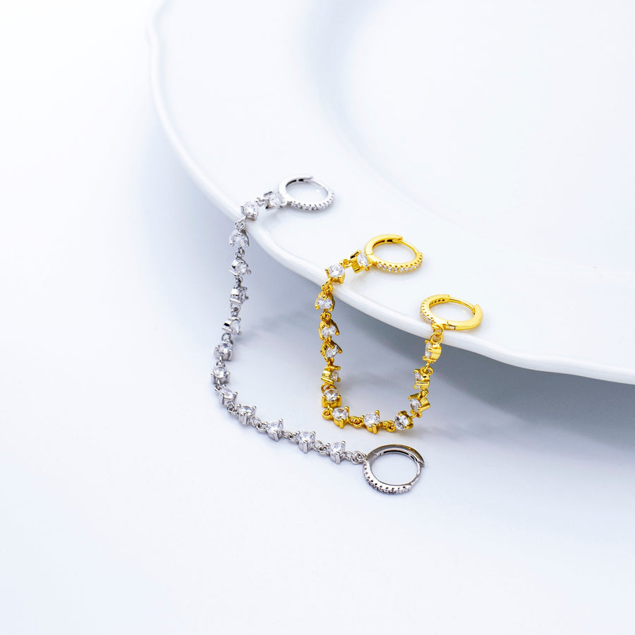 'Haylee' gold hoop earrings with chain and stone embellishment in sterling silver