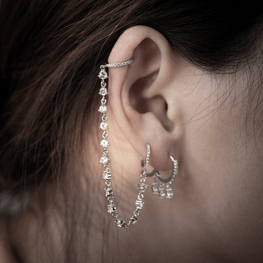 'Haylee' silver hoop earrings with chain and stone embellishment in sterling silver