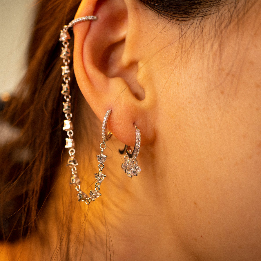 'Haylee' silver hoop earrings with chain and stone embellishment in sterling silver