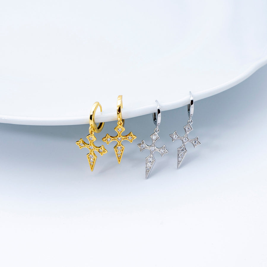 'Diya' gold hoop earrings with a cross pendant made of 925 sterling silver