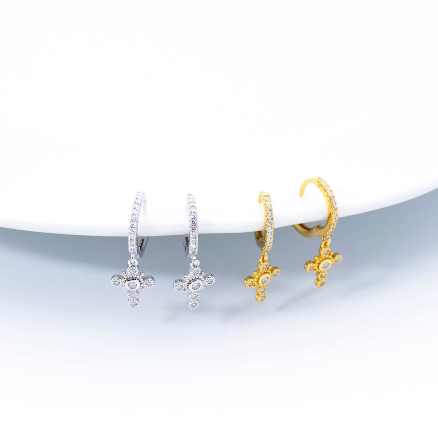 'Alaina' gold hoop earrings with cross pendant made of 925 sterling silver