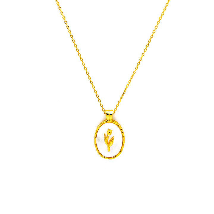 'Bulwer' gold necklace made of 925 sterling silver with an oval mother-of-pearl tulip pendant