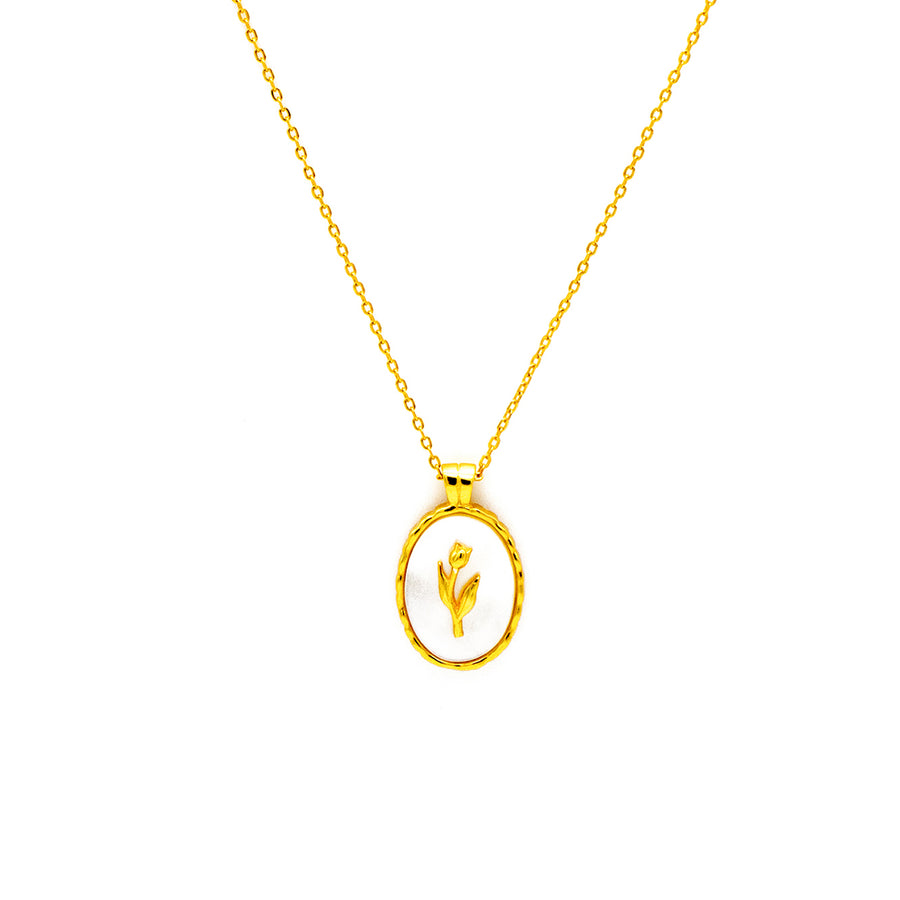 'Bulwer' gold necklace made of 925 sterling silver with an oval mother-of-pearl tulip pendant