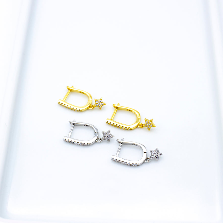 'Ocune' gold faceted hoop earrings with star pendant made from 925 sterling silver