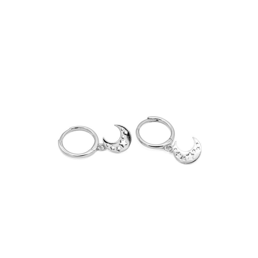 'Flores' silver hoop earrings with sterling silver crescent moon drop earrings