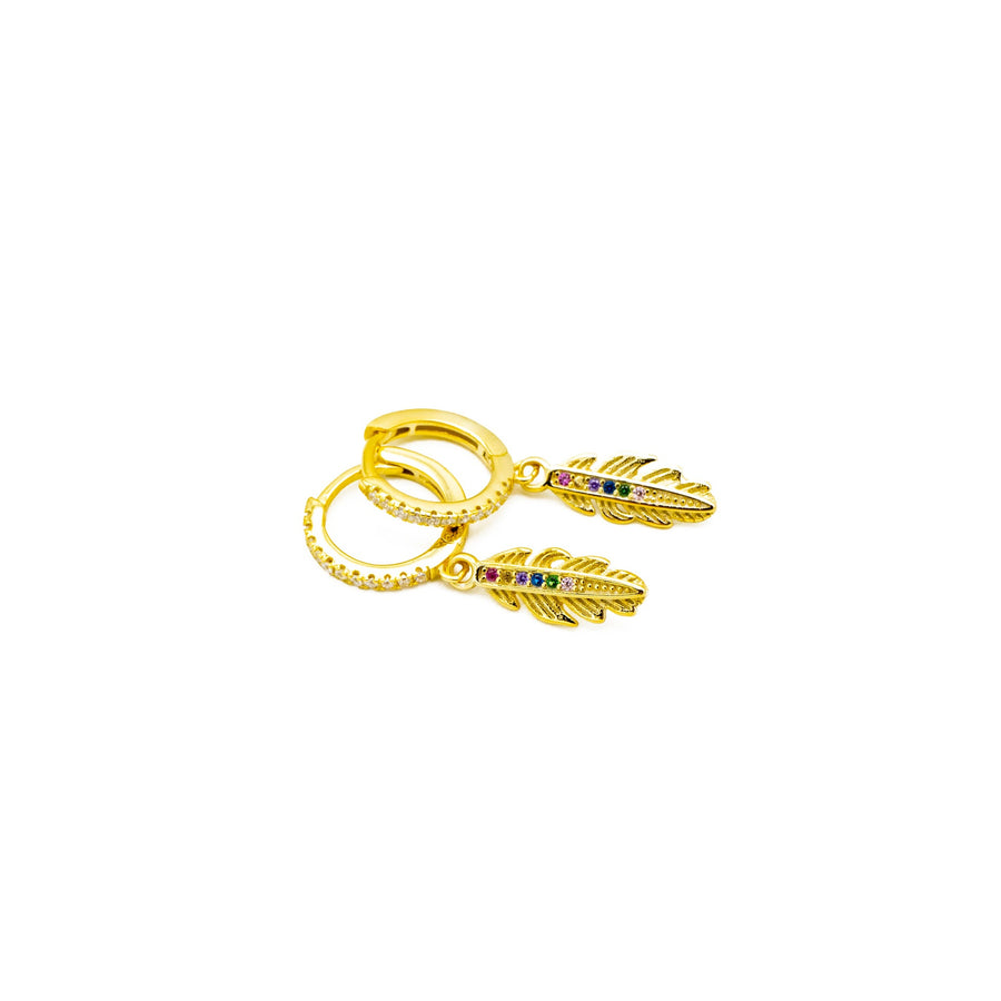 'Cuiaba' gold hoop earrings with feather pendant made of 925 sterling silver