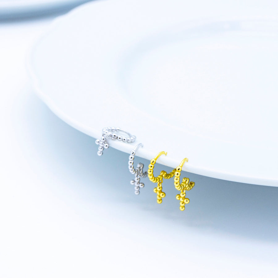 'Parral' gold hoop earrings with sterling silver cross pendant