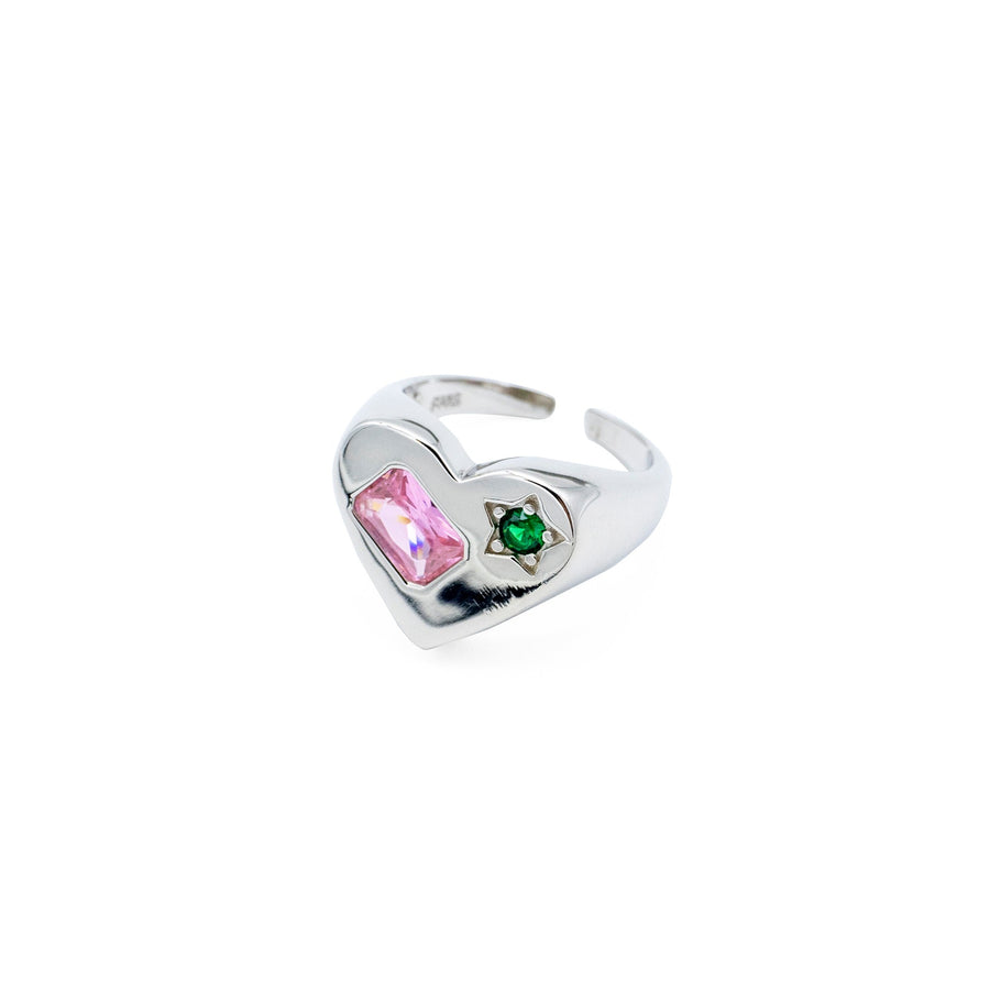 'Lata' silver heart signet ring with colored stones in 925 sterling silver