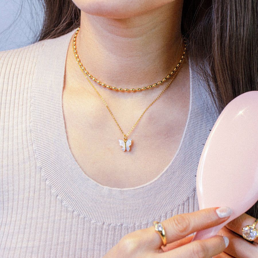 'Quito' gold chain with mother of pearl butterfly pendant in sterling silver