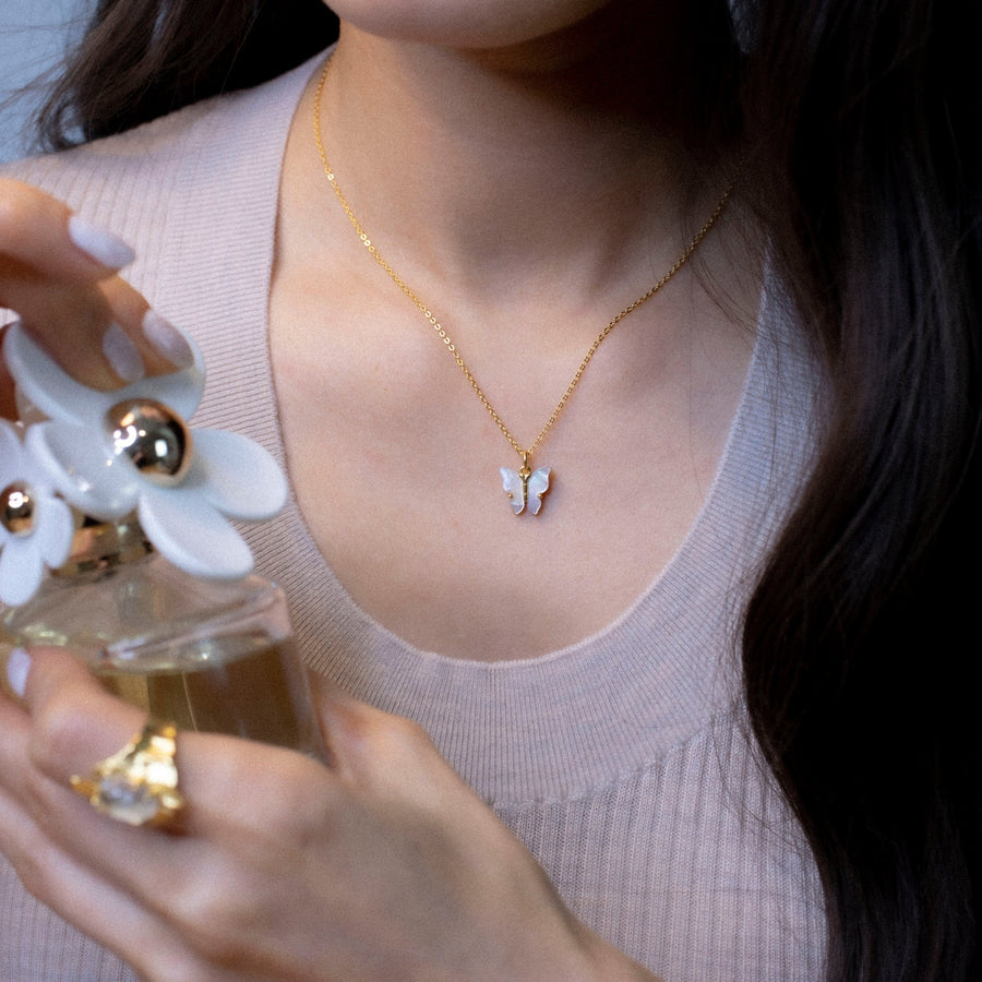 'Quito' gold chain with mother of pearl butterfly pendant in sterling silver