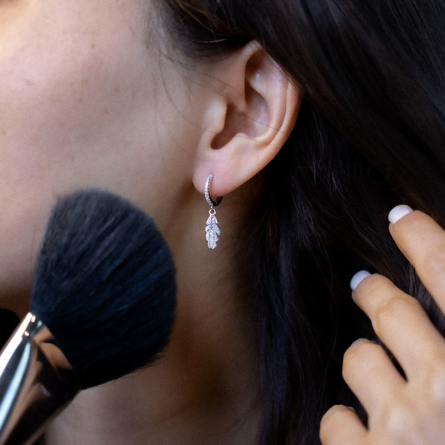 'Cuiaba' silver hoop earrings with feather pendant made of 925 sterling silver