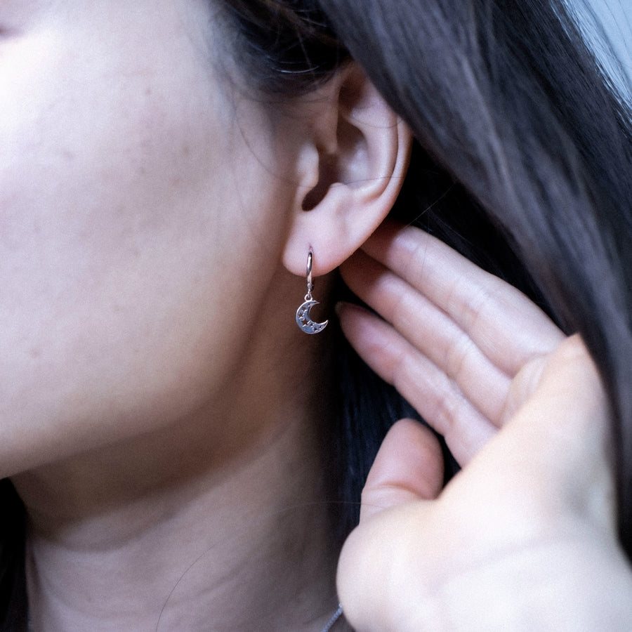 'Flores' silver hoop earrings with sterling silver crescent moon drop earrings